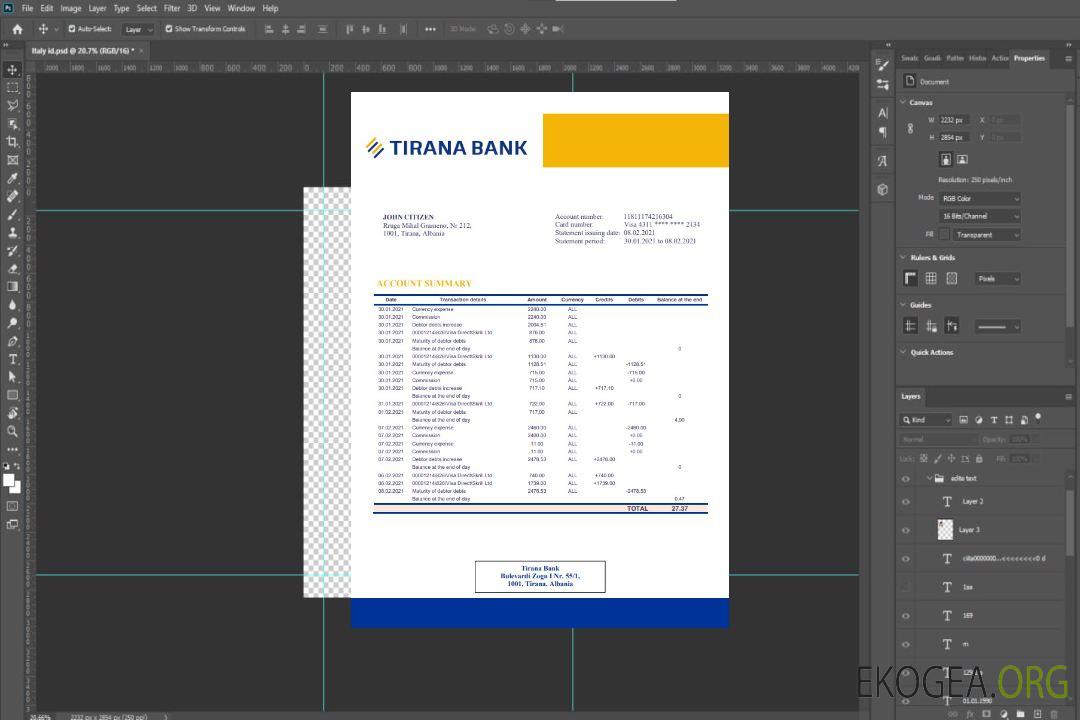 Relevé bancaire Albanie Tirana template